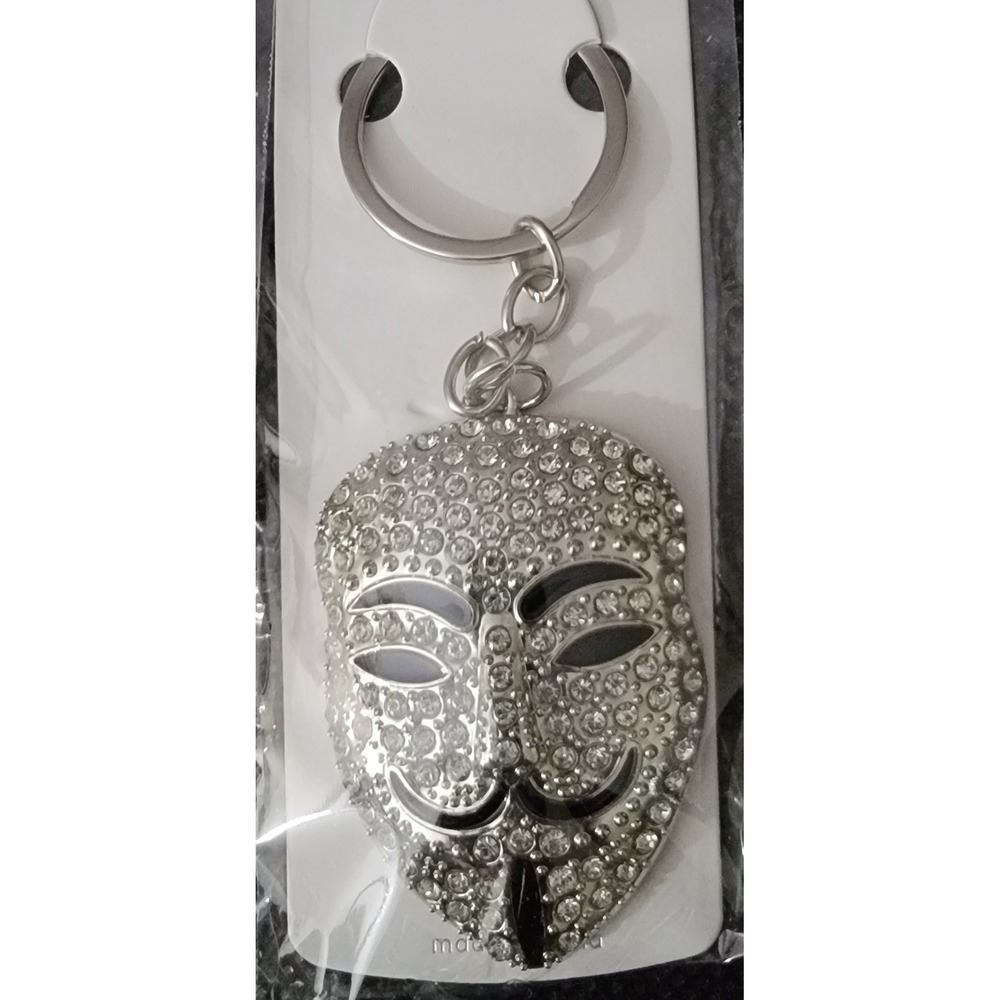 Mint Guy Fawkes Anonymous Mask Rhinestone Keychain Silver V for Vendetta‎ Bling